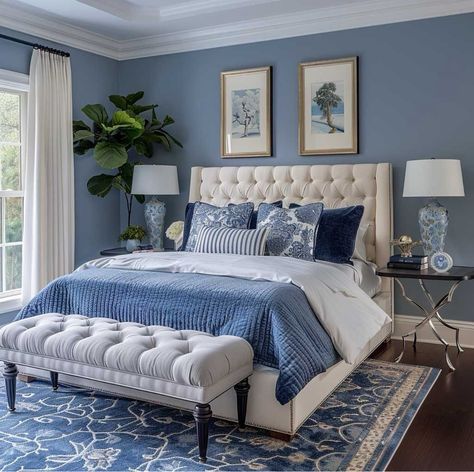 Blue White Bedroom Decor, Blue Bedroom With White Furniture, Bedroom Colors Palette, Blue And White And Gold Bedroom, Cool Toned Bedroom, Greece Inspired Bedroom, Blue Master Bedrooms Decor, White And Blue Bedroom Ideas, Blue And White Bedrooms