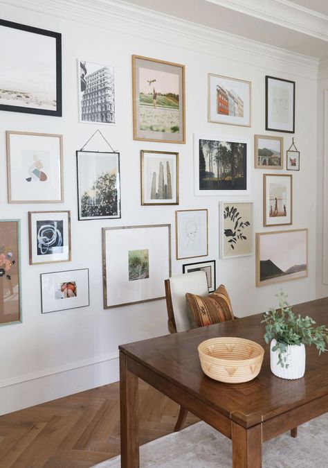 How to Arrange Picture Frames on a Wall – Juniper Print Shop Mismatched Picture Frame Wall, Gallery Wall Photos And Art, Picture Wall Ideas Kitchen, Framed Artwork Ideas, Gallery Wall Ideas Office, Wooden Frames On Wall, Gallery Photo Wall, Gallery Wall Tutorial, Jenny Komenda