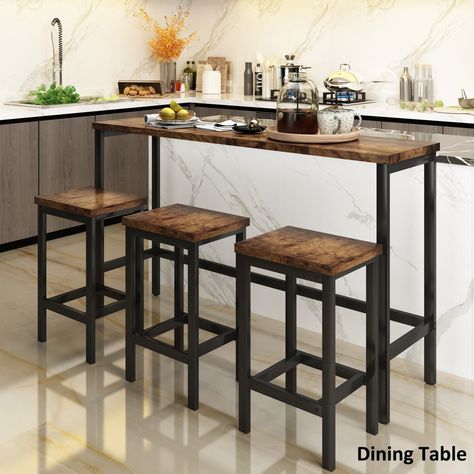 Made of a high-quality steel frame and MDF panels, this dining table set comes with 1 counter height long table and 3 stools. For extra comfort, all of the table and stools are designed with footrests, which are not only sturdier but more humanized. Just rest your feet when enjoying drinking or eating. The stools can be stored under the kitchen dining table when finishing your meal which will save space and keep your home well organized. This makes it perfect for the small room like an apartment Extra Long Dining Table, Pub Table And Chairs, Pub Kitchen, Counter Height Dining Table Set, Modern Bar Table, Counter Height Table Sets, Counter Height Pub Table, Bistro Table Set, Long Dining Table