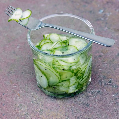 Cucumber Salad Sweet, Pickled Cucumber Salad, Danish Cuisine, Sliced Cucumber, Finnish Recipes, Sour Pickles, Norwegian Food, Whole Roasted Chicken, Cucumber Recipes Salad