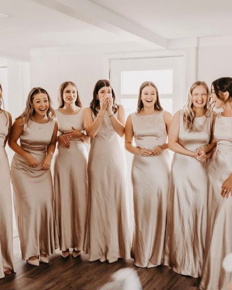 Cowl Back Satin Bridesmaid Dress - Oyster – Six Stories Gold Brides Made Dresses, Champagne Satin Dress Bridesmaid, Bridesmaid Dress Beige, Tan Silk Bridesmaid Dress, Champagne Brides Maids Dresses, Soft Champagne Bridesmaid Dresses, Chiffon Taupe Bridesmaid Dress, Bridesmaid Dresses Tans, Birdie Grey Taupe