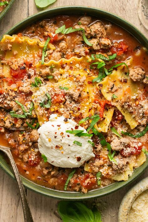 Turkey Sausage Lasagna Soup, Lasagna Soup Turkey, Lasagna Soup With Ground Turkey, Italian Turkey Soup, Ground Turkey Lasagna Soup, High Protein Lasagna Soup, Crockpot Turkey Lasagna, Lasagna Soup Healthy, Turkey Lasagna Soup