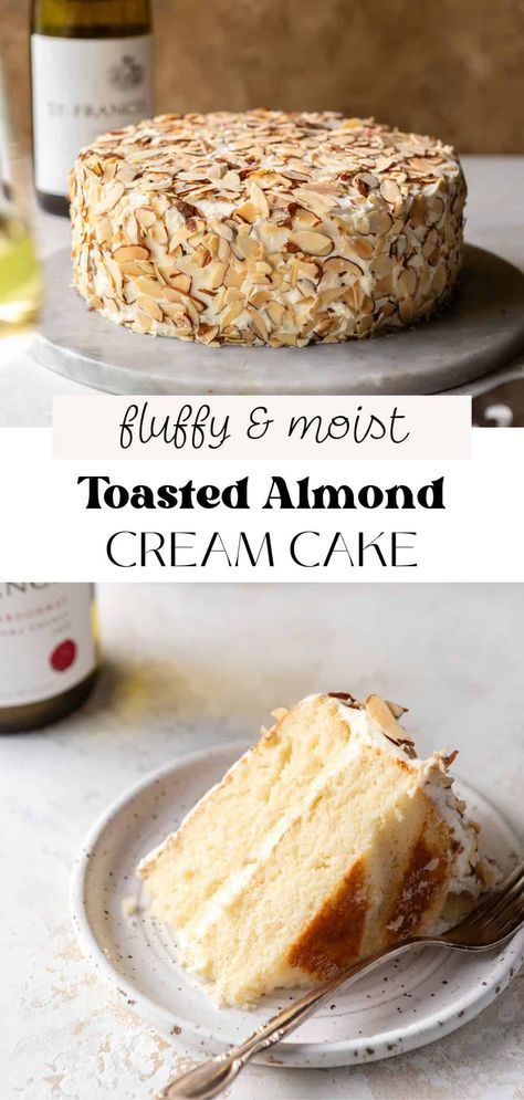 This toasted almond cream cake has 2 layers of moist, soft almond vanilla cake. It's frosted with smooth almond buttercream and covered in almond slices! This cake is packed with almond flavor from almond extract and is also super easy to decorate. It's moist, fluffy, and so delicious! Almond Berry Cake, Toasted Almond Cheesecake, Burnt Almond Cake Recipe San Jose, Must Try Desserts, Heather Ho Almond Cake, Fluffy Almond Cake, Butter Almond Cake, Swedish Cream Bun Cake, Desserts With Almond Extract