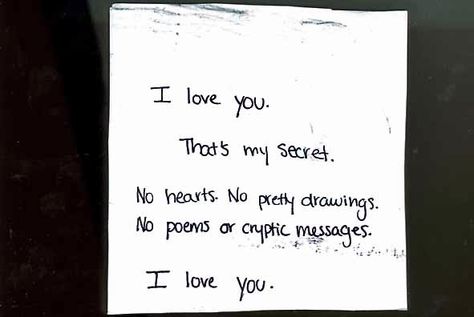 I love you. That's my secret. No hearts. No pretty drawings. No poems or cryptic messages. I love you. Cryptic Quotes, Loving You For Him, Cryptic Messages, Post Secret, Quotes About Love, L Love You, The Perfect Guy, Hopeless Romantic, About Love