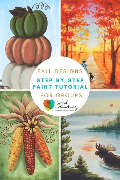 Fall for these autumn inspired paintings and create your own work of art. New fall designs, perfect for groups and paint parties. #paintparty #fallpaintings #painttutorials Fall Painting Templates, Easy Fall Painting Tutorial, Paint Party Tutorials Step By Step, Small Fall Canvas Painting, Fall Sip And Paint Ideas For Beginners, Diy Fall Acrylic Paintings, Thanksgiving Paint Night Ideas, Fall Wine And Paint Ideas, Kids Fall Paintings On Canvas