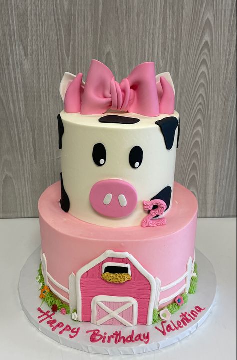 Cow Pink Birthday Party, Cowgirl 2nd Birthday Cake, Pink Cow Cake 1st Birthdays, Oink Moo Cockadoodle Doo Birthday Cake, Pink Barnyard Party Cake, Pink Farm Animal Birthday Cake, Pink Barnyard Cake, Cow Print Cakes Birthday, Moo Moo I'm Two Birthday Cake