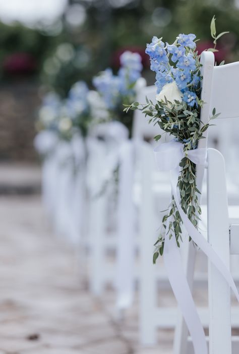 Chair Flowers Wedding Aisle Decorations, Blue Ceremony Decor, Down The Aisle Decorations Outdoor, Dusty Blue Wedding Aisle Decor, Dusty Blue Wedding Aisle, Blue And White Wedding Ceremony Flowers, Blue And White Flowers For Wedding, Dusty Blue Aisle Decor, Blue Aisle Decorations Wedding