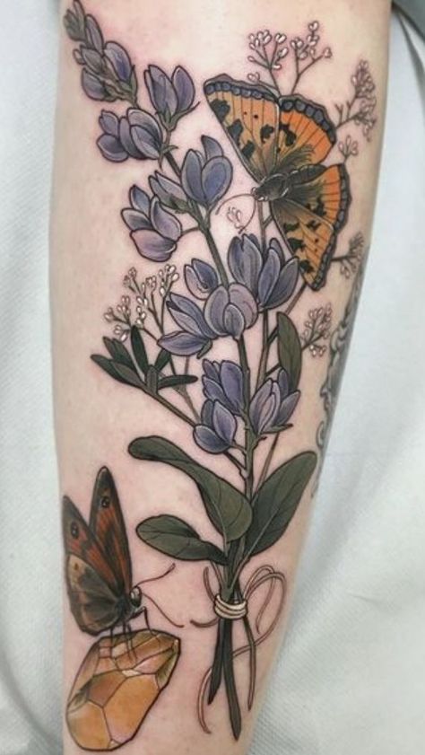 Larkspur Flower Tattoos, Larkspur Tattoo, Traditional Tattoo Flowers, Traditional Tattoo Designs, Insect Tattoo, Wildflower Tattoo, Floral Tattoo Sleeve, Plant Tattoo, Botanical Tattoo