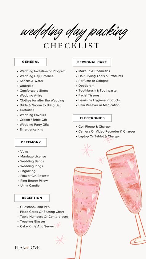 Things To Get For Wedding, Wedding Self Care Checklist, Bride Checklist Timeline, Wedding Day Bride Checklist, Wedding Day Bag Checklist, Things To Do For Bride On Wedding Day, Day Of Wedding Checklist For Bride, Day Of Checklist Wedding, What To Pack For Wedding Day