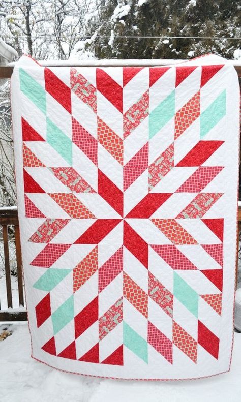 This quilt I made for my sweet mother-in-law. She recently remodeled her main areas of her home and is accenting with red and turquoise. I was on the fence whether or not I would be able to get thi… Turquoise Quilt, Half Square Triangle Quilts Pattern, Christmas Quilting Projects, Triangle Quilt Pattern, Half Square Triangle Quilts, Quilt Care, Cute Quilts, Beginner Quilt Patterns, Star Quilt Patterns