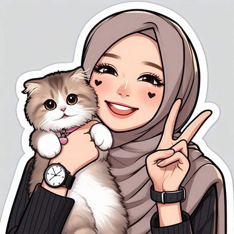 Hijabi Girl Aesthetic Cartoon, Muslim Girl Cartoon Art, Islamic Cartoon Dp, Hijab Cartoon Cute, Muslim Girl Cartoon, Cats Dp, Cat Dp, Hijabi Pfp Cartoon, Cute Hijab Cartoon Wallpaper