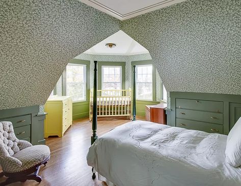 A Frame Room Ideas, Low Ceiling Attic Bedroom, Attic Guest Room, Cozy Attic Bedroom, Attic Bedroom Ideas, Cozy Attic, Victorian Renovation, Angled Ceilings, Small Attic