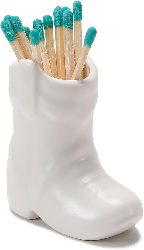 AetheresEmporium Ceramic Cowboy Boot Match Holder with Striker- 4 Inch Portable Vintage Match Holder in White- Cute Decor Match Holder for Fireplace (No Matchsticks Included) - White Version Clay Toothpick Holder, Boot Match Holder, Match Holder With Striker, Matchstick Holder, Match Holder, Match Stick, Cute Decor, Toothpick Holder, Cowboy Boot