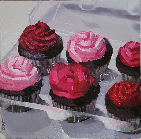 Original oil painting in contemporary realist style, depicting a sixpack of chocolate cupcakes with pink and red buttercream icing, in a plastic blister pack. Great gift for Mother's Day, Valentine's Day or birthday, excellent painting for kitchens. Available at www.ambiancepaintings.com Icing Painting, Red Buttercream, Collections Art, Valentine Day Cupcakes, Oil Painting Inspiration, Cupcake Art, Sugar Cubes, Oil Painting For Sale, Buttercream Icing