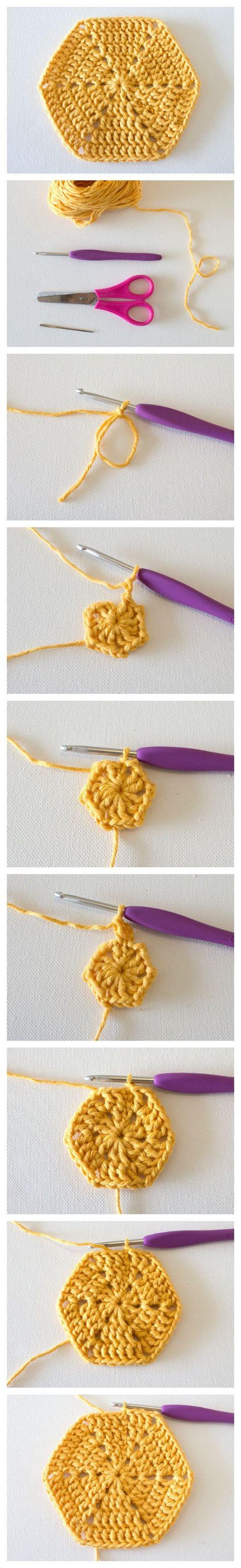 Step by step tutorial for a simple solid crochet hexagone Bee Ideas, Bonnet Crochet, Crochet Hexagon, Crochet Blocks, Square Crochet, Crochet Diy, Crochet Motifs, Crochet Squares, Crochet Coasters