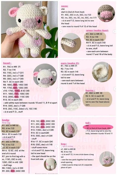 Crochet Patterns For Markets, Free Small Amigurumi Patterns, Crochet Cow Pattern, Crochet Tutorial Pattern, Beginner Crochet Tutorial, Quick Crochet Patterns, Pola Amigurumi, Crochet Cow, Crochet Animals Free Patterns