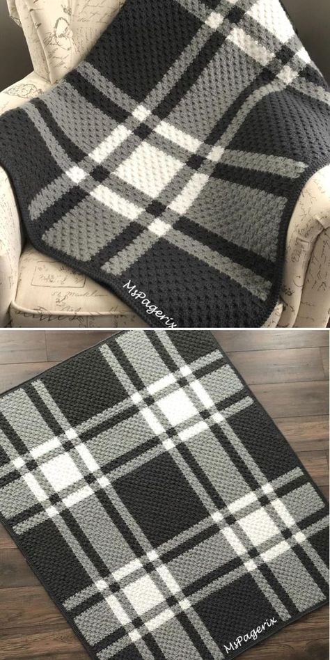 Black and White Crochet Throws. This classic crochet plaid in the pictures below was made by mspagerix and it's a beautiful and very stylish addition, that will make your home look so glamorous! It's quite easy to make and you can quickly make it in other color combination as well, for instance with red and green, just in time for the Holidays. #freecrochetpattern #blanket #throw 3 Color Crochet Blanket Free Pattern, How To Crochet Plaid Pattern, C2c Plaid Crochet Blanket, Farmhouse Crochet Blanket Patterns, Black White And Grey Crochet Blanket Pattern, Crochet C2c Blankets, Knit Plaid Blanket, Tweed Crochet Blanket, Black White Grey Crochet Blanket