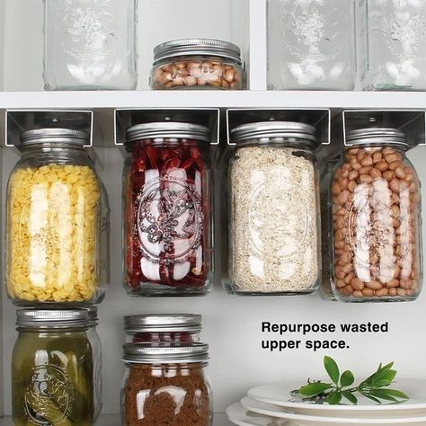 Mason Jars Organizer, Spice Jar Rack For Food Storage, Canning Jar Holder Under Kitchen Shelf, Mason Jars Hanger Brackets For 4oz, 8oz, 12oz, 16oz, 24oz, 32oz, 64oz (2 Pcs-Regular) [2 Racks For 4 Mason Jars ]: Storage And Organize Your Mason Jar Food Under/Inside The Cabinet, Shelf, Pantry, And Baker's Rack, Simple Solutions For Freeing Up And Utilizing Kitchen Space [Food Organization]: Clearly Show Your Mason Jars And Food So You Won't Forget What You Have And It's Easier To Take. If You Hide Mason Jar Food, Mason Jar Organizer, Mason Jar Hanger, Canning Jar Storage, Diy Kitchen Hacks, Glass Jars Kitchen, Mason Jar Organization, Small Pantry Organization, Mason Jar Storage