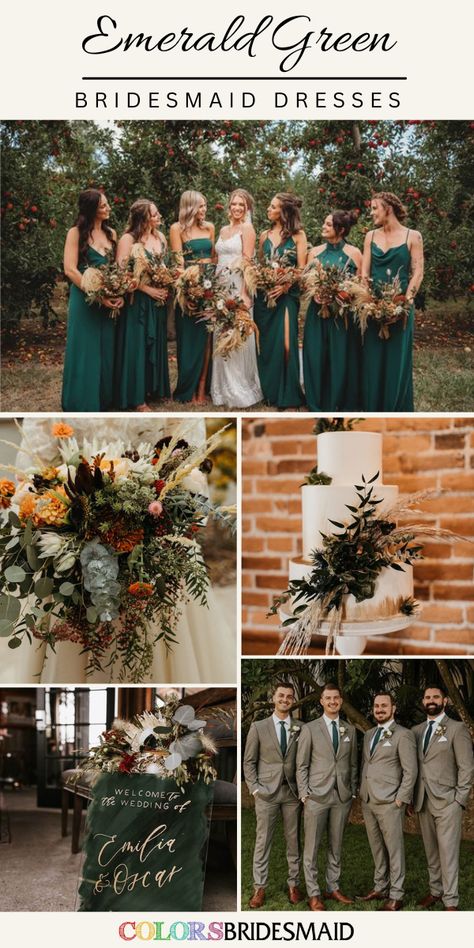 Emerald Wedding Table, Green Bridesmaid Dresses Emerald, Bridesmaid Dresses Emerald Green, Bridesmaid Dresses Emerald, Grey Groomsmen Suits, Grey Groomsmen, Green Fall Weddings, Sage Forest, Emerald Green Wedding Theme