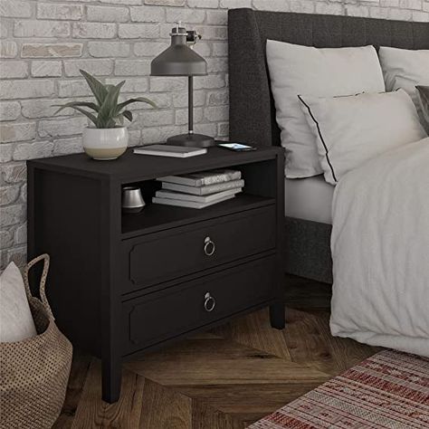 Nightstand Black, Black Nightstand, Side Lamp, Ring Pulls, Wingback Headboard, Ashley Furniture Homestore, 2 Drawer Nightstand, Guest Bed, Bedroom Decorating