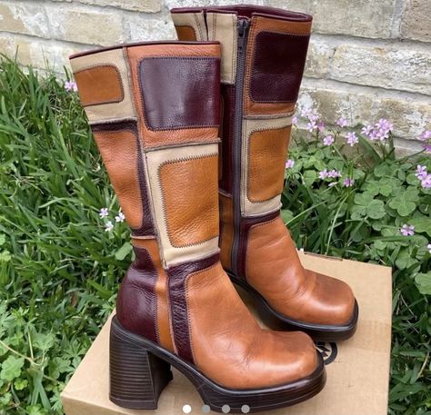 user: 808migs Steve Madden Patchwork Boots, Vintage Steve Madden Boots, Patchwork Boots Outfit, 70s Boots Outfit, Seventies Boots, Long Brown Boots, Vintage Steve Madden, 70s Boots, Mens Platform Shoes