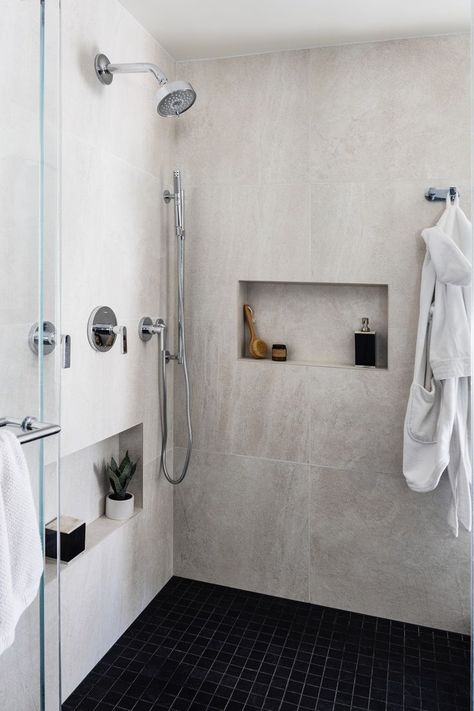 Minimalist Shower Niche Low Shower Niche, Horizontal Shower Niche Ideas, Kerdi Shower Niche, Double Shower Niche Ideas, Shower Niche For Leg Shaving, Minimalist Shower Tile Ideas, Shower Niche Sizes, Shower Niches Ideas Built Ins, Hidden Shower Niche