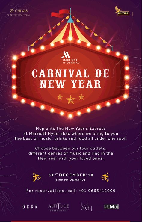 marriott-hyderabad-carnival-de-new-year-ad-hyderabad-times. Check out more Hotels & Restaurants   Advertisement Advertisement Collection at   https://www.advertgallery.com/product-  category/advertisements-by-category/automotive Amusement Park Creative Ads, Diwali Restaurant Poster, Christmas Carnival Poster, Carnival Poster Design Graphics, Carnival Theme Poster Design, Carnival Posters, Party Tickets, Christmas Carnival, Wedding Entrance Decor