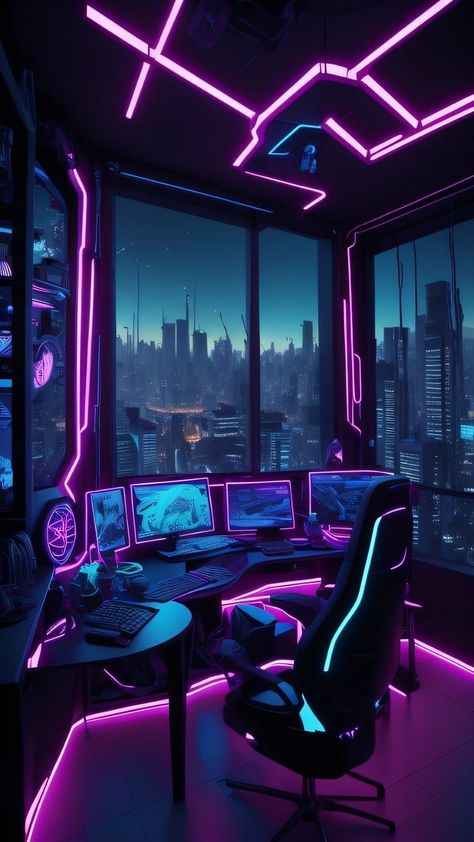 Cyberpunk Aesthetic Room, Dr Inspiration, Cyberpunk House, Cyberpunk Room, Games Room Inspiration, Computer Gaming Room, Video Game Room Design, New Retro Wave, City Background