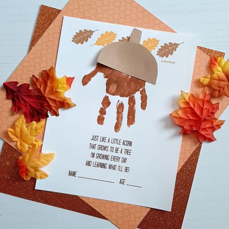 Fall Crafts 3 Year, Acorn Handprint Craft, Handprint Leaf Craft, Handprint Acorn Craft, Handprint Fall Crafts, Acorn Handprint, Acorn Crafts For Kids, Acorn Craft, Fall Handprint Crafts