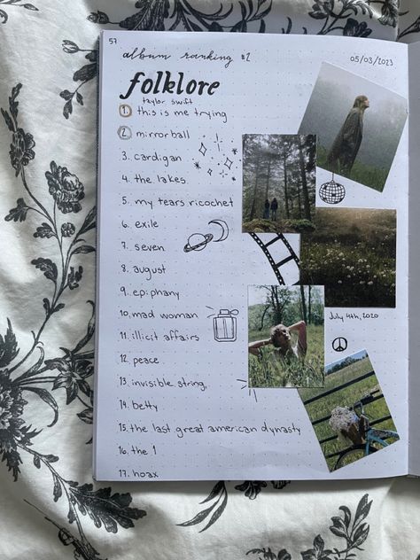 journaling folklore taylor swift album ranking songs bullet journal aesthetic collage scrapbook music doodle sprin summer Album Ranking Journal, Folklore Taylor Aesthetic, Folklore Doodles Taylor Swift, Eras Tour Surprise Songs Tracker, Taylor Swift Songs Ranked, Folklore Journal Page, Taylor Swift Album Ranking, Song Diary Aesthetic, Folklore Art Taylor Swift