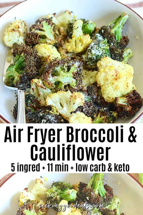 Air Fried Broccoli And Cauliflower, Air Fry Broccoli And Cauliflower, Air Fryer Broccoli And Cauliflower, Broccoli Parmesan, Air Fryer Broccoli, Healthy Low Calorie Snacks, Low Calorie Low Carb, Low Carb Healthy, Parmesan Broccoli