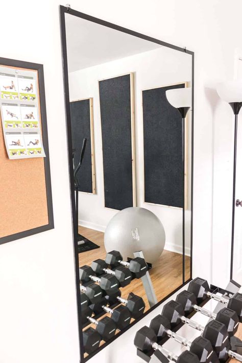 Mirror In Workout Room, Home Gym Full Length Mirror, Workout Room Mirror Wall, Home Gym Wall Mirror, Small Fitness Room Ideas, Garage Gym Mirror Wall, Diy Workout Mirror Wall, Exercise Room Mirrors, Basement Gym Mirror Ideas