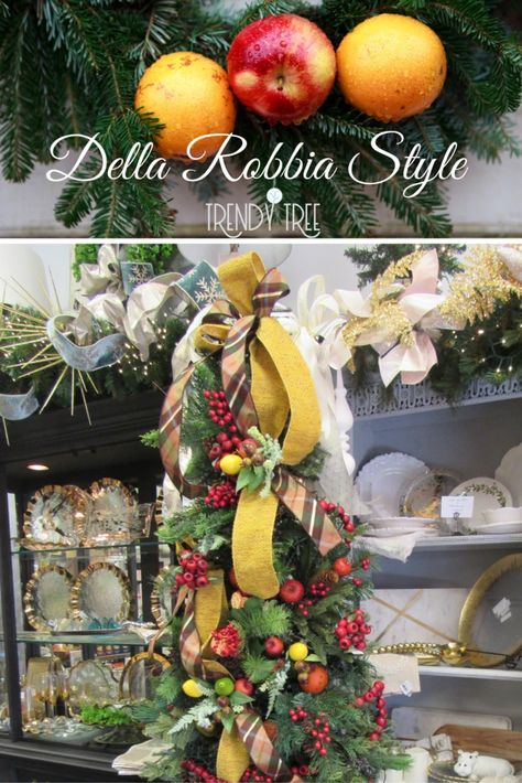 Della Robbia or Colonial Williamsburg Style Fruit Tree for Christmas — Trendy Tree Williamsburg Christmas Tree, Solstice Decor, Colonial Williamsburg Christmas, Apple Garland, Fruit Christmas, Williamsburg Christmas, Fruit Christmas Tree, Tree For Christmas, Whimsical Christmas Decor