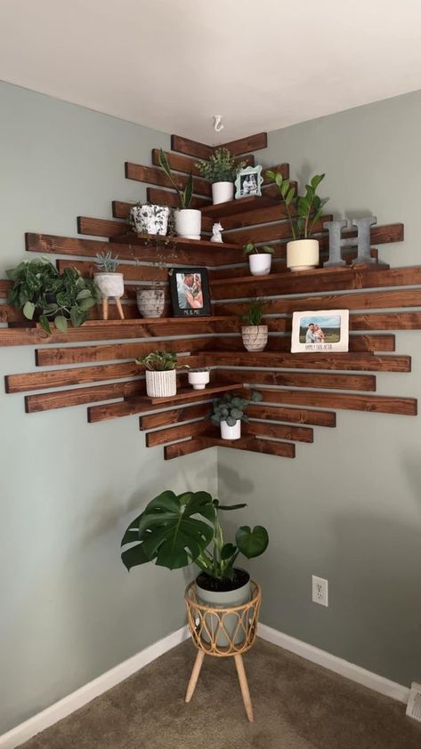 Help with House Plants | Just wanted to share my new DIY plant shelf 🪴 pretty easy to create if anyone is looking for ideas 😊 | Facebook Diy Corner Shelf Easy, Diy Plant Shelf, Corner Plant Shelf, Diy Corner Shelf, Corner Plant, Earthy Home, Plant Shelf, Corner Fireplace, Plant Stand Indoor