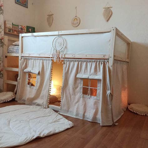 Kura Cama Ikea, Kura Bed Tent, Bed Tent Canopy, Tent Canopy Bed, Cama Ikea Kura, Loft Bed Curtains, House Curtains, Children's House, Cama Ikea