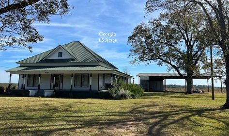 Cheapish c.1915 Georgia Farmhouse For Sale on 1.5 Rural Acre Under $190K - Old Houses Under $50K Georgia Farmhouse, Wrap Around Porch, Steel Buildings, Old Farmhouse, Houses For Sale, Metal Roof, Large Windows, High Ceiling, Architecture Details