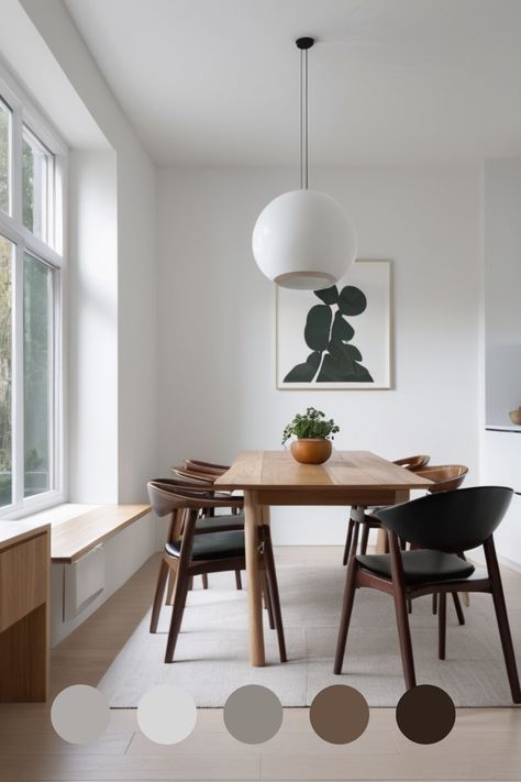 This is a simple, modern dining area, using dark & light greys & browns & white—simple decor, neat & appealing. Very stylish  #moderndiningroom #contemporarydiningroom  #minimalistdiningroom  #moderndiningroomideas #moderndiningroomdesigns #moderndiningroominspo #contemporarydiningroomideas #contemporarydiningroomdesigns #contemporarydiningroominspo #minimalistdiningroomideas #minimalistdiningroomdesigns #minimalistdiningroominspo #moderndiningrooms #contemporaydiningrooms #minimalistdiningrooms Scandinavian Dinner Room, Minimal Dinning Room, Minimalist Dining Area, Modern Minimal Living Room, Modern Minimalist Dining Room, Modern Dining Area, Minimal Dining, Dining Area Decor, Minimal Living Room