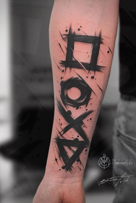 Tattoo For Gamers, Playstation Buttons Tattoo, Gamer Tattoos Men, Playstation Tattoo Ideas, Ps4 Tattoo, Playstation Symbol, Gamers Tattoo, Gaming Tattoo Ideas, Playstation Tattoo