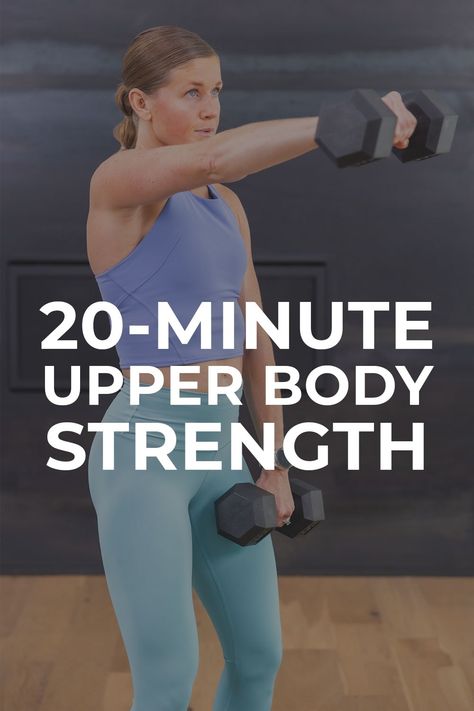 Build strong, defined arm and back muscles with this all-standing sweat session: the best upper body dumbbell workout. This no-repeat and all-standing workout is a fun and challenging way to build strength in every muscle in the upper body. All you need is a set of dumbbells and 20 minutes to target the chest, back, biceps, triceps and shoulders. Standing Up Ab Workout, Exercise Hiit, Upper Body Dumbbell, Upper Body Strength Workout, Upper Body Dumbbell Workout, Upper Body Hiit Workouts, Full Upper Body Workout, Tuesday Workout, Standing Workout