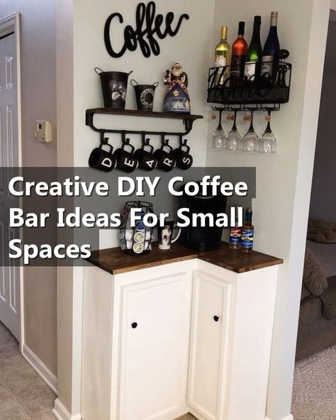 Looking for creative DIY coffee bar ideas for small spaces? Check out these innovative and space-saving solutions to create your own cozy coffee corner at home. Whether you have a tiny kitchen or a compact apartment, these clever ideas will help you design the perfect coffee bar without taking up too much space. Get inspired and start brewing your favorite coffee drinks in style! Coffee Nook Corner, Corner Cabinet Coffee Bar Ideas, Small Area Coffee Bar Ideas, Small Corner Coffee Bar, Diy Coffee Corner, Corner Coffee Station Ideas Small, Wine Bar Ideas Small Spaces, Wine Nook Ideas Small Spaces, Coffee Bar Corner Ideas