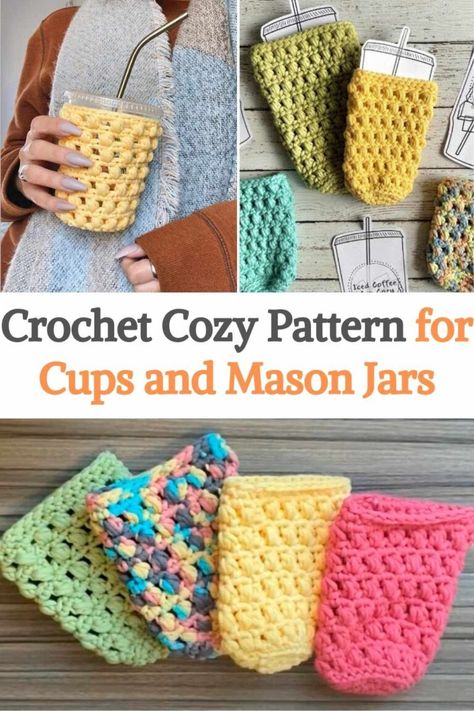 Learn how to crochet a cozy reusable (and machine washable) iced coffee to keep your drinks cold and your hands warm! This pattern fits in a standard 16 to 24 ounce iced coffee cup (like Dunkin' Donuts or Starbucks) and fits in mason jars too! For this crochet pattern, you will need the Bernat Maker Home Dec yarn, a 5.5 mm hook, a pair of scissors, and finally a small tapestry hook. This pattern is suitable for beginners! You should know that these stitches/abbreviations are used throughout... Crochet Mason Jar Sleeve, Crochet Drink Coozie, Home Dec Yarn Patterns, Crochet Cold Cup Cozy, Bernat Maker Home Dec Yarn, Cold Cup Cozy Crochet Pattern, Crochet Iced Coffee Cozy Pattern Free, Cozy Cup Crochet Pattern, Mason Jar Cozies Crochet