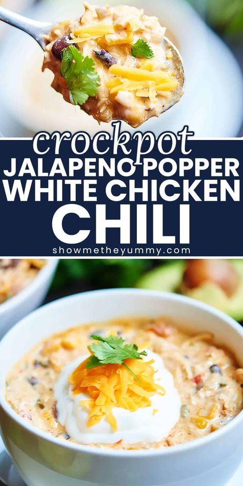 This crockpot jalapeño popper white chicken chili is exactly what you need for the Super Bowl! It’s so easy to make, so not messy, perfectly spicy, ridiculously creamy, and filled with chicken, jalapenos, beans, spices, and cream cheese! Can't you just picture enjoying this while watching the game? White Chicken Chili With Jalapeno, Chicken Jalapeno Popper Chili, Jalapeno Popper White Chicken Chili, Jalapeño Popper Chicken Casserole Crockpot, Jalapeño Popper Chicken Soup Easy, Jalepeno Popper Chicken Chili, Chicken Jalapeño White Bean Soup, White Bean Chicken Chili Crockpot, Spicy White Chicken Chili