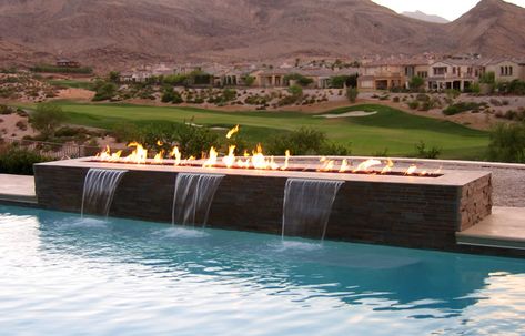 Exterior Lighting Design, Moderne Pools, Outside Fire Pits, Outdoor Fire Table, Outdoor Fire Pit Designs, Pool Water Features, Pool Fountain, Pool Waterfall, Backyard Pool Landscaping