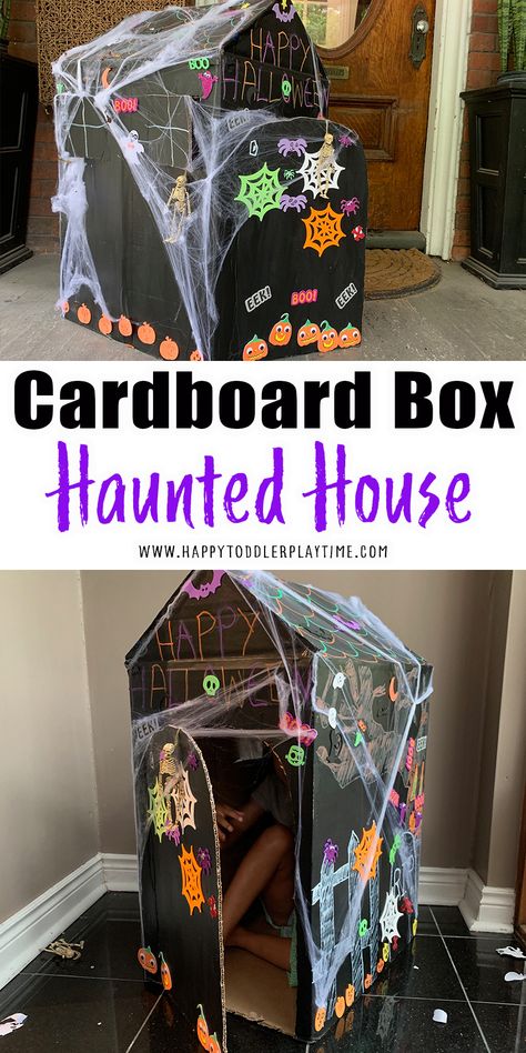 The Best Cardboard Box Haunted House - HAPPY TODDLER PLAYTIME Cardboard Box Haunted House, Cardboard Haunted House, Halloween Ideas For Kids, Haunted House For Kids, Kids Crafts Toddlers, Crafts Toddlers, Haunted House Craft, Haunted House Diy, Halloween Sensory