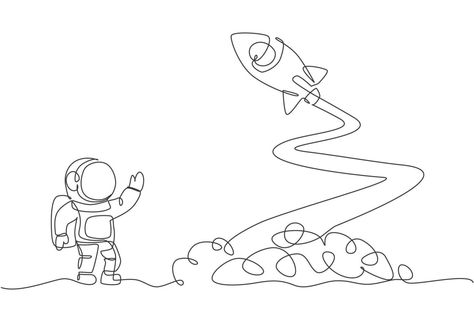 One continuous line drawing of spaceman astronaut science on moon waving hand to launching rocket. Cosmonaut exploration of outer space concept. Dynamic single line draw design vector illustration One Continuous Line Drawing, Waving Hand, Space Concept, Single Line Drawing, Continuous Line Drawing, Continuous Line, Single Line, Design Vector, Outer Space