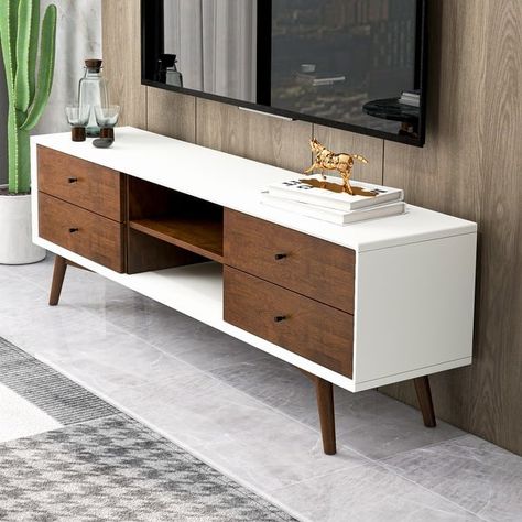 Novel Mid Century White Tv Stand With Solid Wood Frame TV Stand with 6 Storage Cabinet , Modern Walnut TV Console - Bed Bath & Beyond - 34477346 Tv Legs Stand, 43 Inch Tv Living Rooms, Tv Table For Bedroom, Tv Unit With Legs Design, Standing Tv Console, Aesthetic Tv Console, Tv Drawer Design, Tv Stand Mid Century Modern, Table Tv Modern