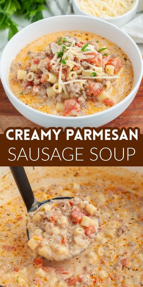 Creamy Parmesan Italian Sausage Soup is a flavorful, hearty soup that is just what you need for a delicious soup dinner. Full of Parmesan cheese, petite diced tomatoes, Italian sausage, and a creamy broth base, this is sure to be a hit. Soups Using Ground Sausage, Soup Recipes With Italian Sausage Ground, Crockpot Soup With Italian Sausage, Marry Me Sausage Soup, Creamy Sausage Parmesan Soup, Creamy Parmesan Italian Sausage Potato Soup, Creamy Parm Italian Sausage Ditalini Soup, Sausage And Rice Soup Recipes, Ground Pork Sausage Soup Recipes