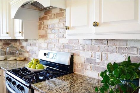 Get the Look for Less: Whitewashed Farmhouse – Giani Inc. Brick Veneer Backsplash, Brick Kitchen Backsplash, Brick Backsplash Kitchen, Rustic Backsplash, Home Depot Kitchen, Kitchen Painting, Farmhouse Backsplash, Brick Kitchen, Staircase Makeover