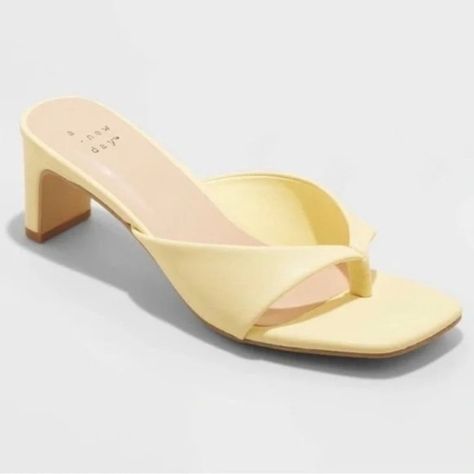 A New Day Lt Yellow Annette Heels Sz: 7.5 * Soles Do Have Some Light Wear Marks From Being Tried On. Yellow Kitten, New Sandal, Casual Summer Sandals, Toe Separator, Weather Outfits, Yellow Sandals, Yellow Heels, Beige Heels, Beautiful High Heels