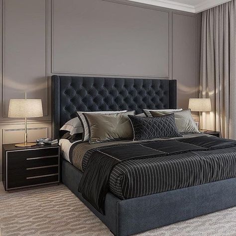 Black Chesterfield Bed, Modern Man Bedroom, Chesterfield Bed, Bed Frame Design, Wingback Bed, Mens Bedroom, Peaceful Place, Bedroom Decor Inspiration, Perfect Bedroom